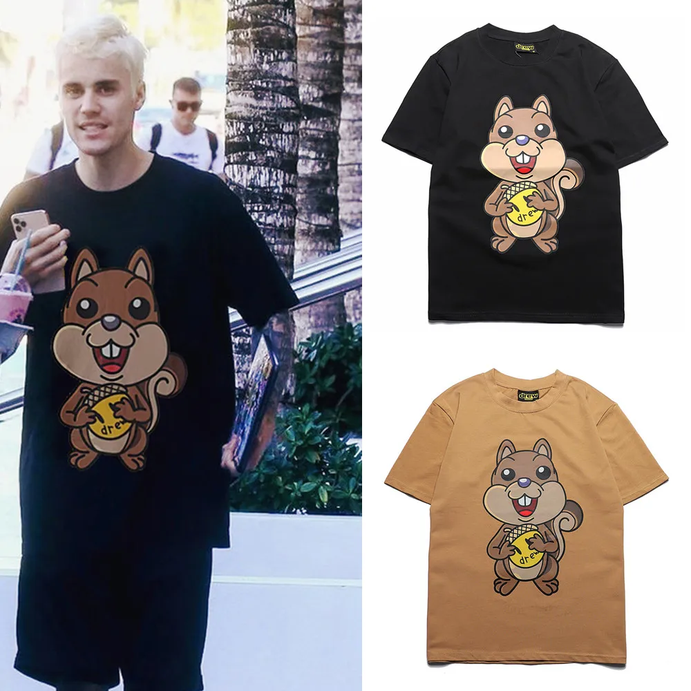 

DREW T Shirt Summer 100% Cotton Men t-shirt Male Women tshirt Short Sleeve High Quality Tops Justin Bieber Smiley Squirrel