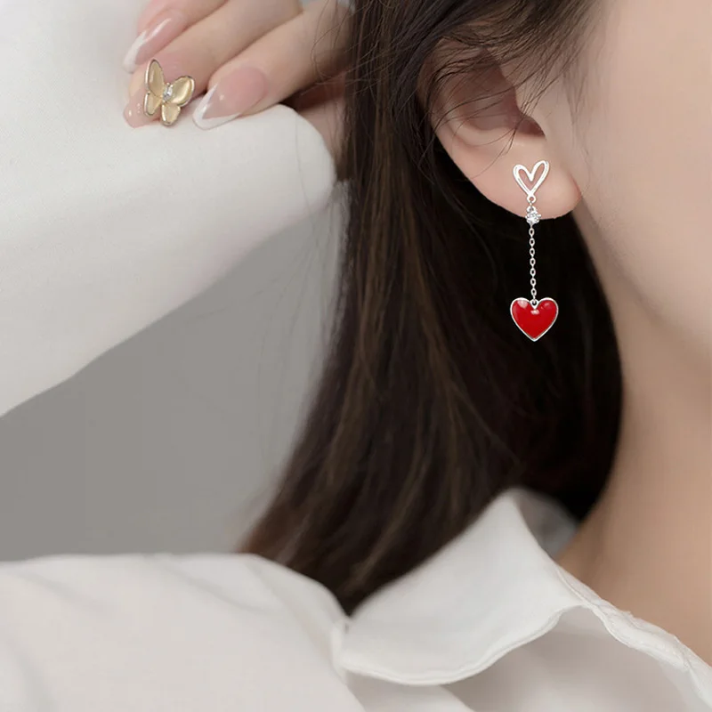 

Fashion Women Jewelry 925 Sterling Silver Red Asymmetric Love Earrings Sweet Peach Heart Earrings For Wedding Party