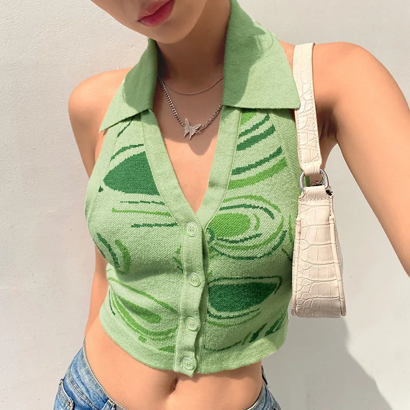 

Paisley Printed Knitted Backless Tops Women Vintage Y2K Green Blue Harajuku Button Up Halter Tops Aesthetic 90s Cute Camisole