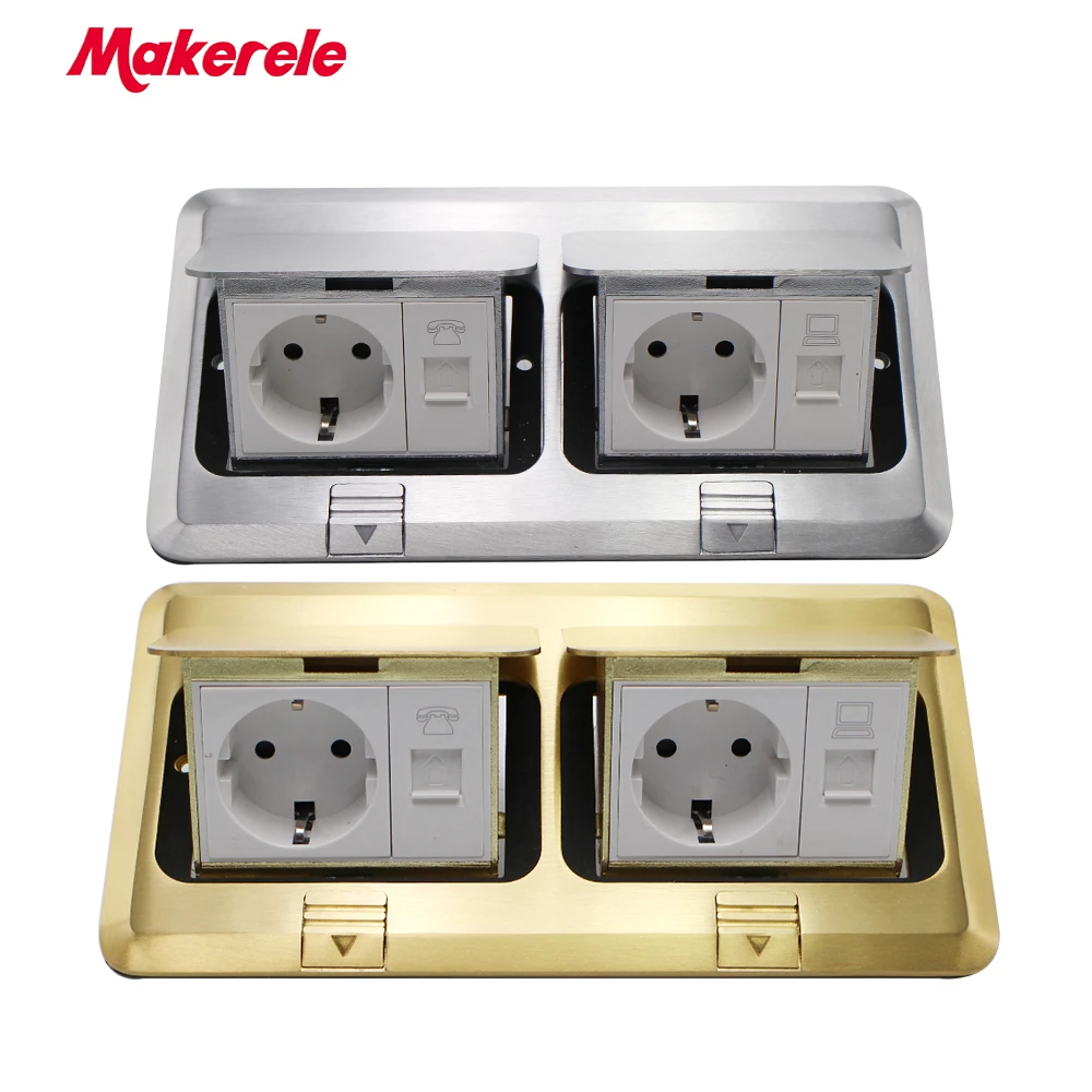 

Floor Socket EU Standard multipurpose Pop Up Outlet Box dual socket with internet and phone ports alloy panel Makerele