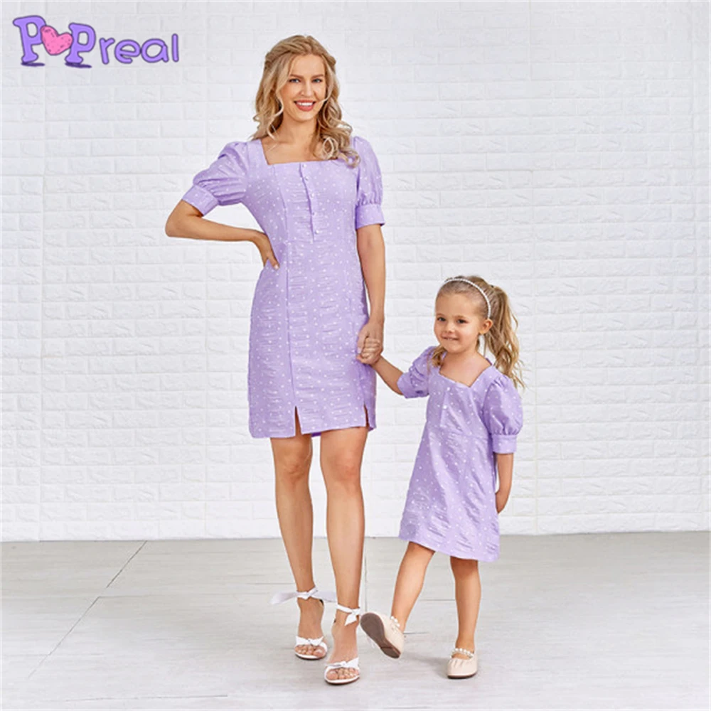 

PopReal Summer Mom And Daughter Dress Print Pleated Pruple Short Sleeve Dress Mother Kids Parent-Child Outfit Girl Family Look
