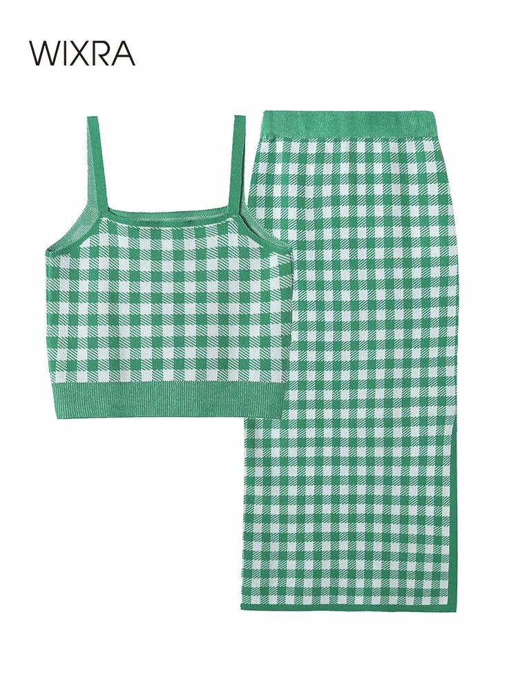 

Wixra Women Sets Sleeveless Strap Short Camisole Pullover Top+Bodycon Slim Split Mid Skirt Plaid Print Knittede 2-Piece Suits