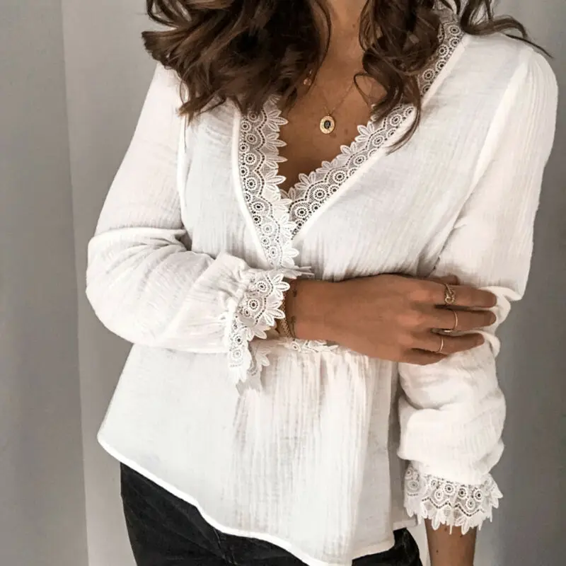 Hirigin Fashion Women T-shirts Lace Cross V Neck Long Sleeve Tops Female Casual Loose Streetwear Plus Size | Женская одежда