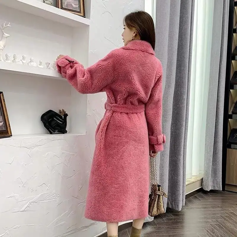 Women 2021 Winter Fashion Real Wool Fur Overcoat Female Sheep Shearing Jacket Casual Warm Coats Ladies Outwear with Belt