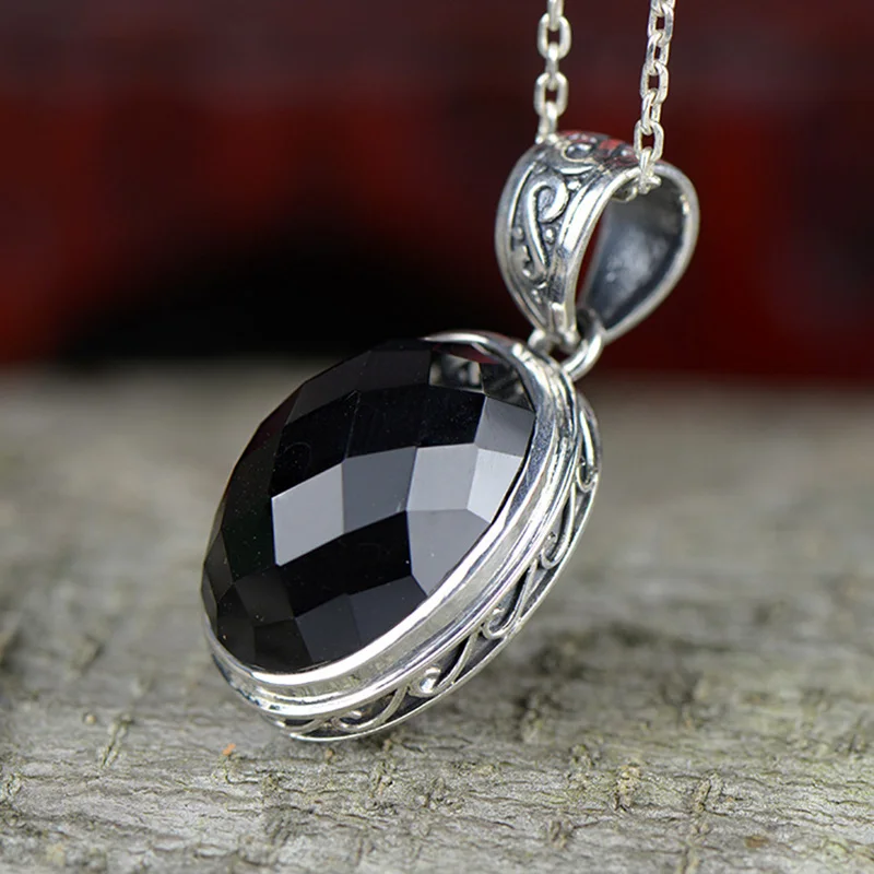 Женский кулон из серебра 925 пробы с многогранным черным агатом|Подвески| |