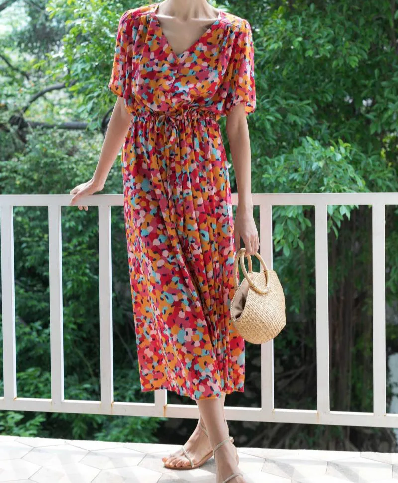 Платье женское длинное с V-образным вырезом и цветным принтом | Женская одежда