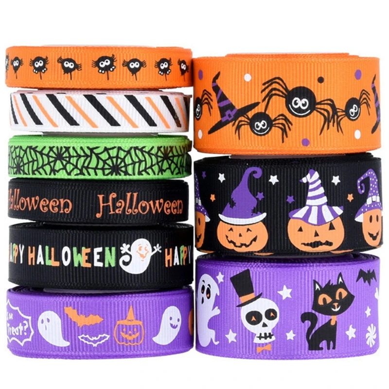 

X7XE 9 Rolls 10/15/25mm Spide&Witch Hat&Pumpkins Ribbon Grosgrain Ribbon Craft Ribbon for Halloween Holiday Gift DIYHandmade