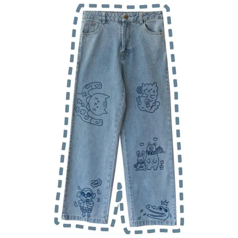 

QWEEK Kawaii Cat Print Jeans Soft Girl Cartoon Denim Trousers Japan Style Streetwear Autumn 2022 Fashion Harajuku Wide Leg Pants