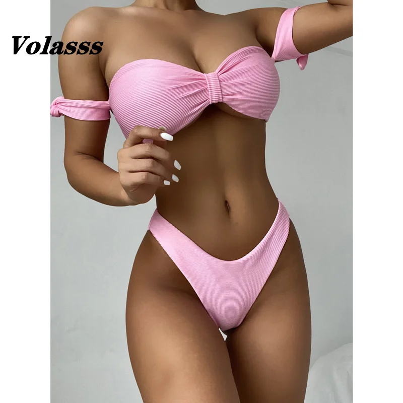 

Новые однотонные купальники, женский купальник с бантом, пикантное бикини в рубчик, купальный костюм из двух предметов, бикини с высоким выр...