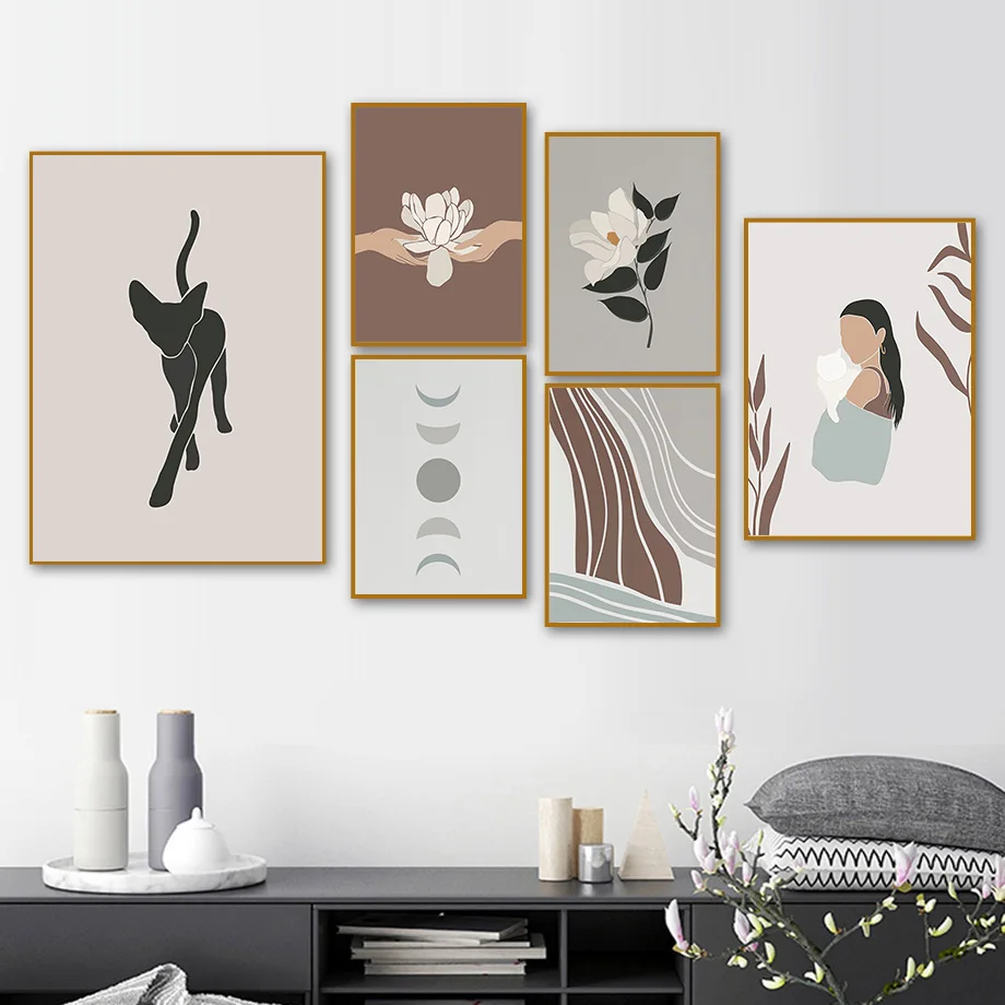 

Moon Phase Wolf Howl Ocelot Flower Line Wall Art Canvas Painting Nordic Poster And Print Wall Picture For Living Room Home Decor