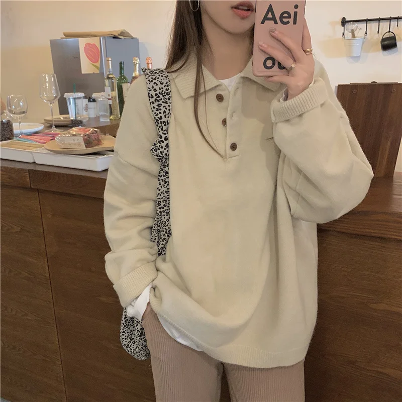 

Autumn Lazy Wind Loose Sweater Coat Women's Design Polo Collar Sweater Long Sleeve Top Fashion