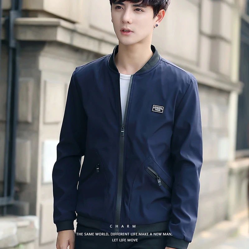 Мужская куртка бомбер 2020 тонкая приталенная бейсбольная с длинным рукавом