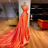 2022 women crystal strapless evening dresses orange mermaid prom dress dubai satin graduation party gown robes de soir%c3%a9e