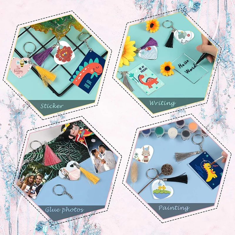 

Acrylic Keychain Blank, Transparent Ornament Pendants Tassels Jump Rings Set for DIY Crafts Gift Tags Jewelry Making