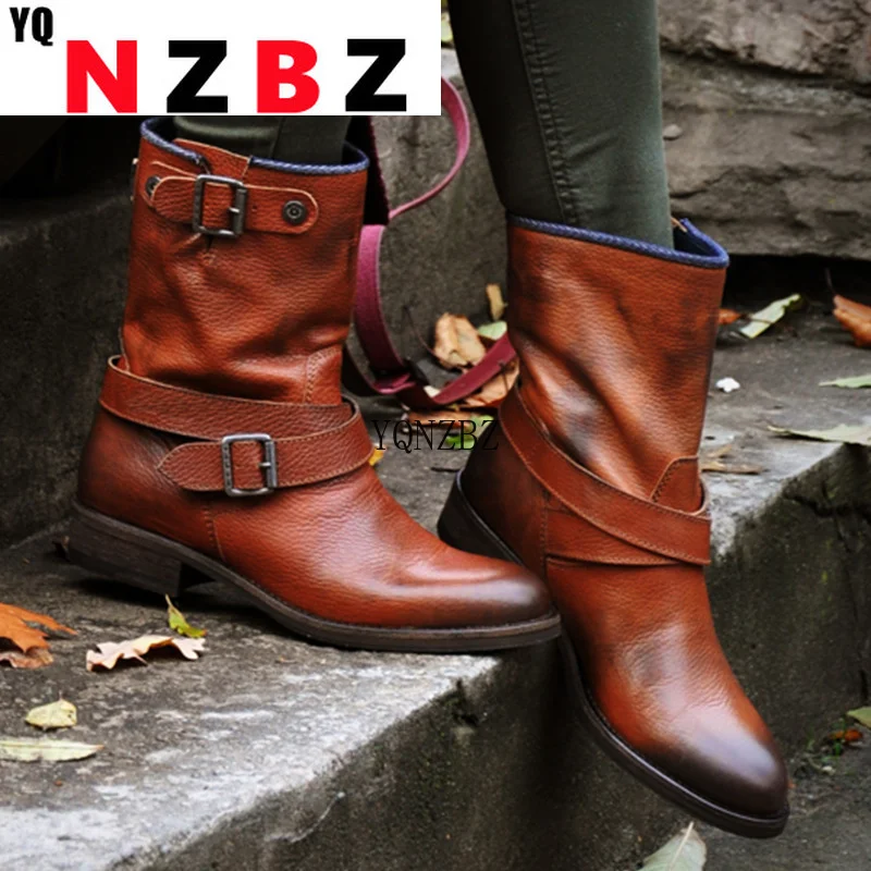 

Round Head PU Leather Square Heel Women's Casual Ankle Boots 2022 Autumn New Fashion Platform Buckle Women's Motorcycle Boots