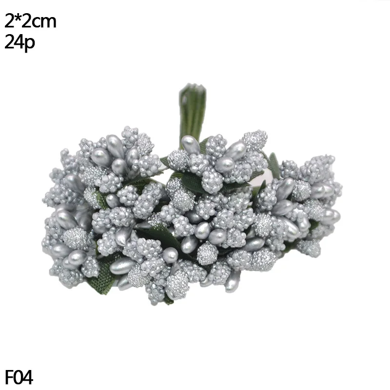 S04-24pcs silver Золотой мини пластиковый искусственный цветок, тычинки, ягоды вишни, сделай сам, Рождественский свадебный венок, ремесло, искусственный цветок, украшение для дома - Цвет: S04-24pcs silver