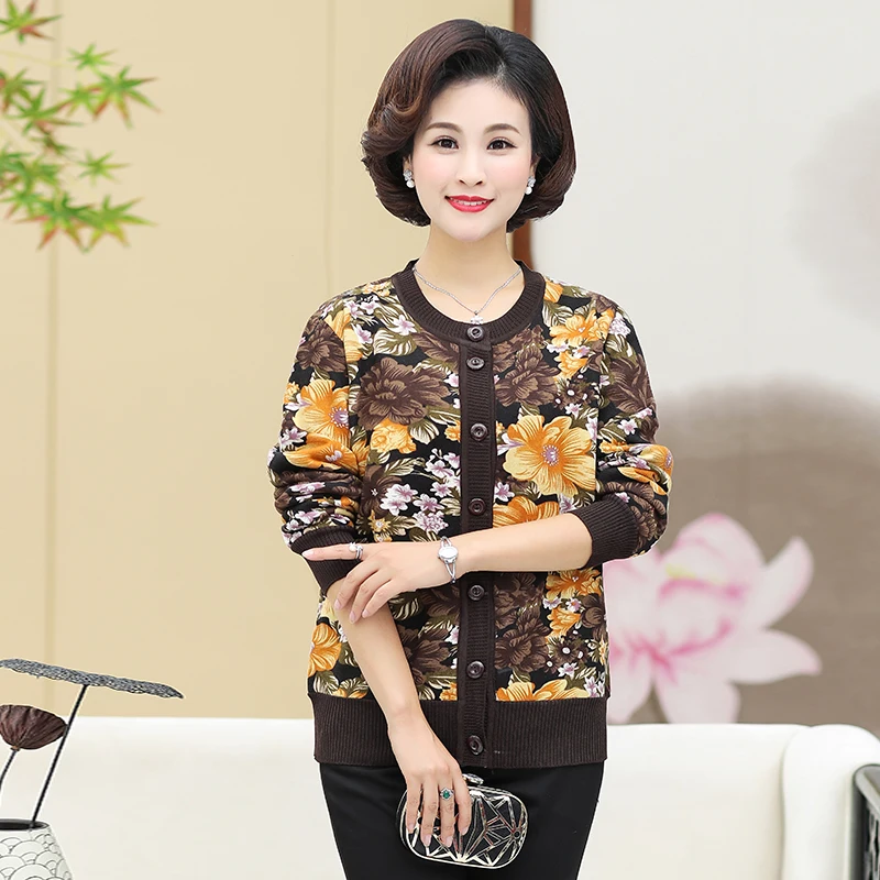 Кардиган для женщин среднего возраста однобортный вязаный свитер с круглым