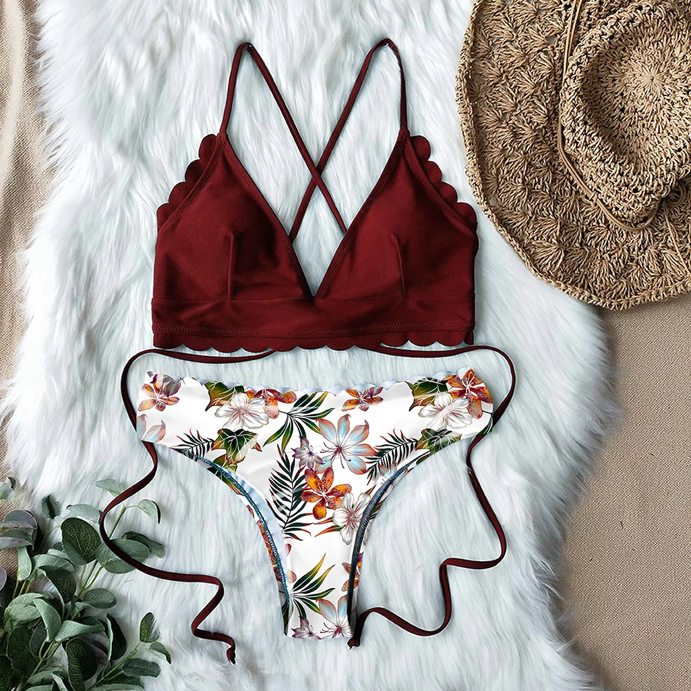 

Sexy Top Solid Bottom Printed Bikini Set 2021 Lace Up Bikinis Women Swimsuit Brazilian Biquini Female Swimwear Bathing Suit