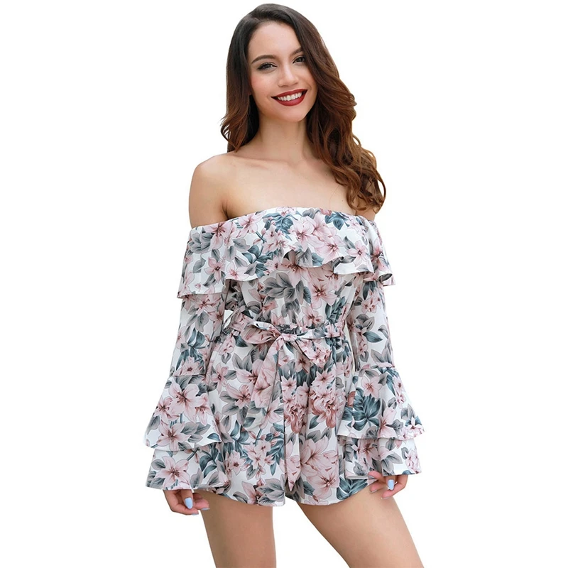 

Europe and America Women's Horizontal Neck Floral Print Long Sleeve Bell Sleeve Of Belt Onesies Streetwear