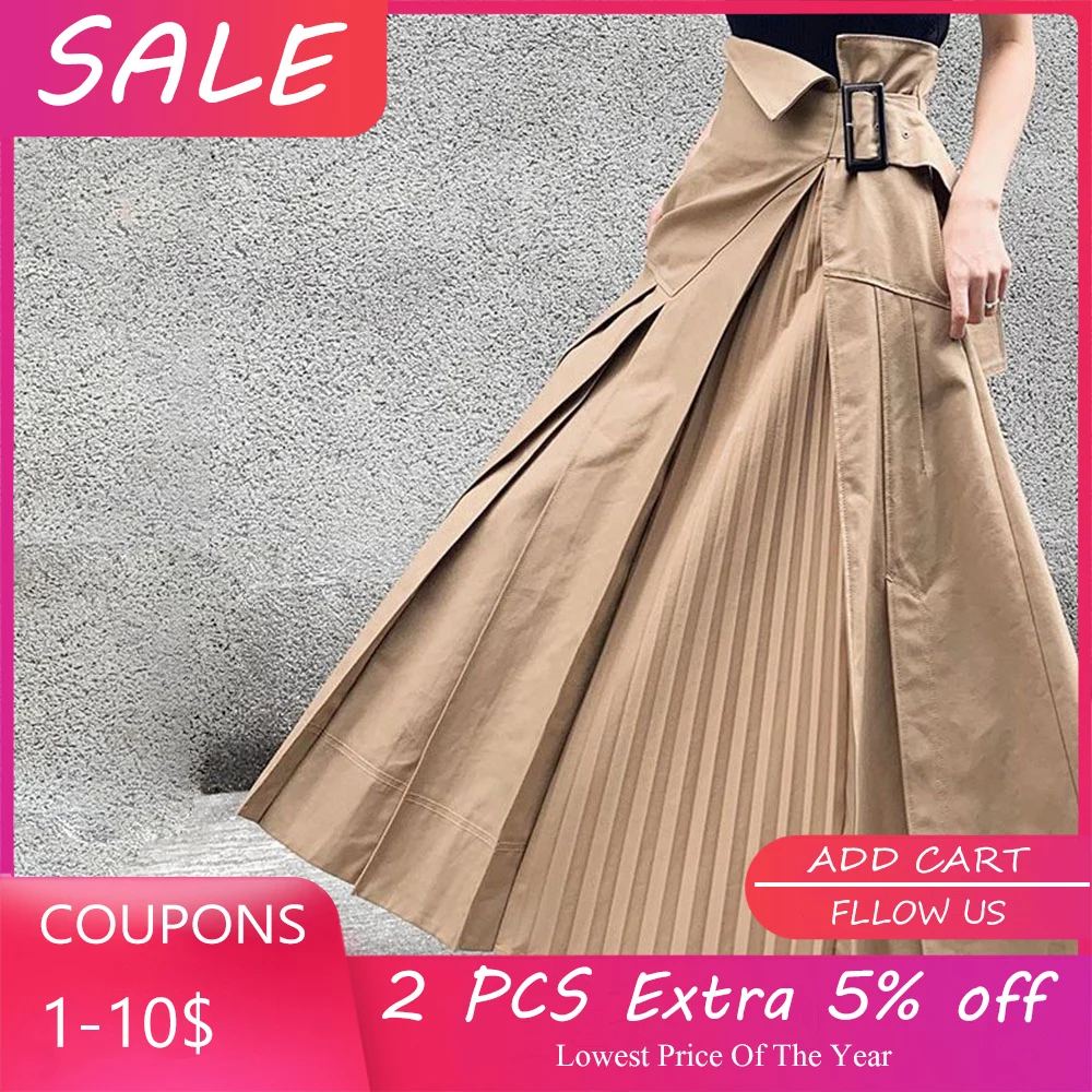 

Asymmetrical High Waist Pleated Skirt Women Korea Fashion Khaki Harajuku Japan Lady Streetwear Maxi Tunic Long Skirt Autumn New