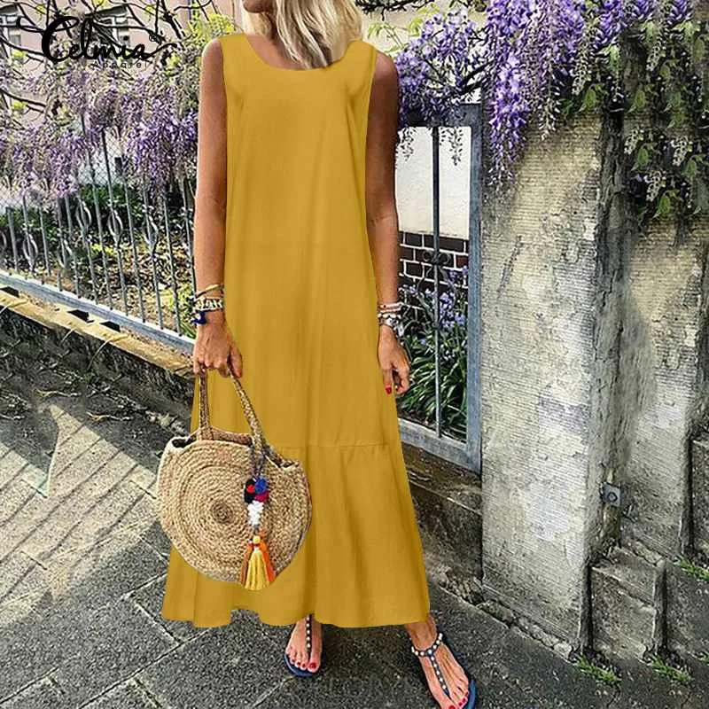 

Celmia Women Dress 2021 Fashion Sexy Sleeveless Maxi Long Summer Sundress Female Casual Loose Cotton Ruffles Beach Vestidos