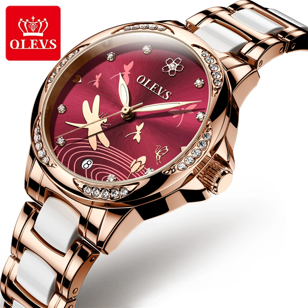 

OLEVS Red Fashion Ladies Watch Waterproof Elegant Automatic Self-Wind Woman Watches Ceramic Steel Shell Mechanical Wristwatches