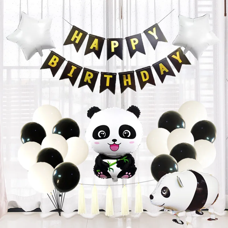 

Panda Theme Happy Birthday Balloon Set Foil Latex Balloon Birthday Party Decorations Kids Dot Golden Photo Background Decor