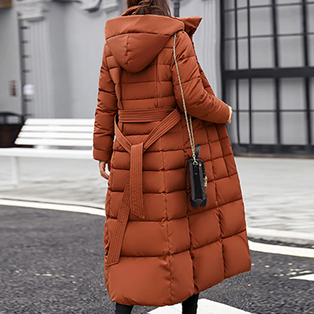 Женская длинная куртка с капюшоном зимняя теплая парка оверсайз поясом толстая