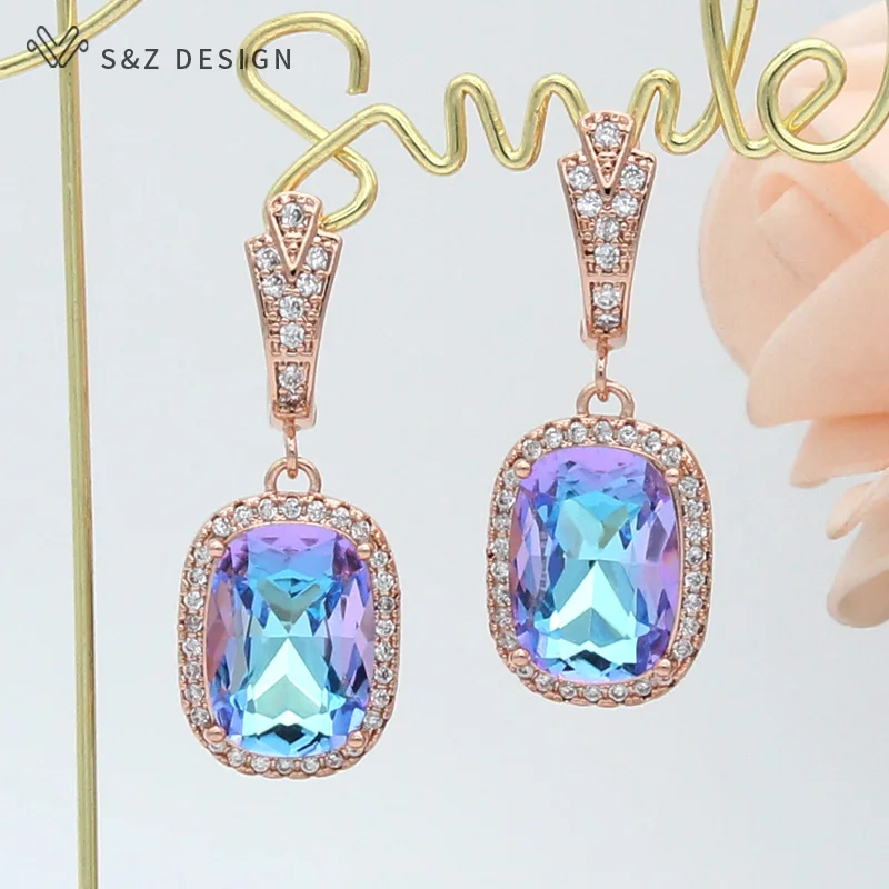 

S&Z DESIGN New Arrivals Elegant Square Crystal Dangle Earrings 585 Rose Gold Cubic Zirconia Eardrop For Women Wedding Jewelry