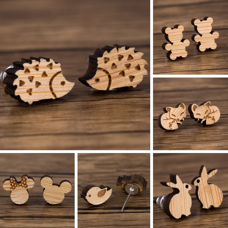 

SMJEL милый Ежик медведь лиса птица деревянные серьги-гвоздики для женщин модный подарок для девочки 2020