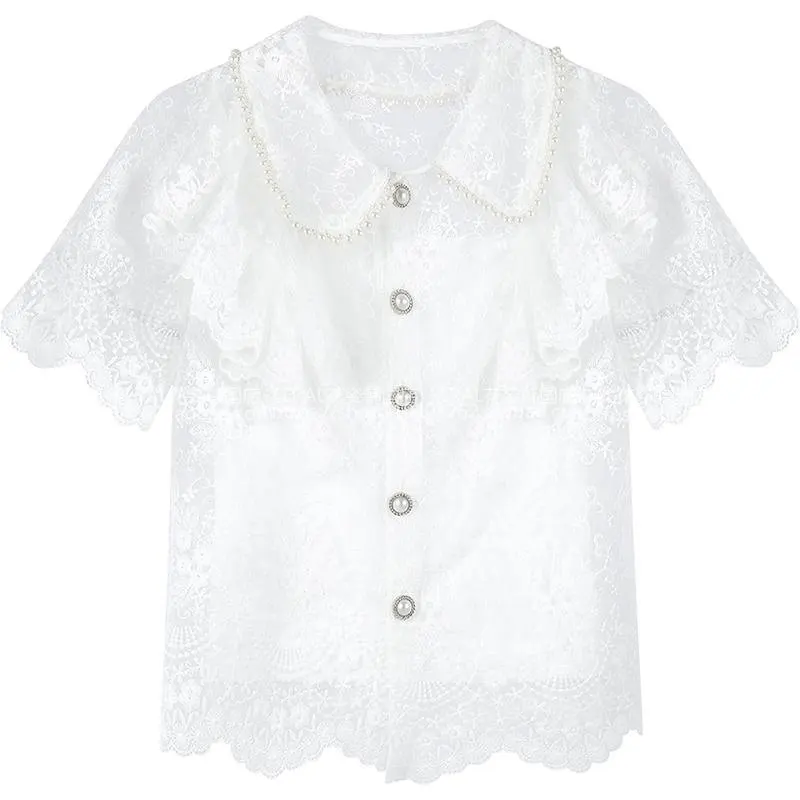 Женская блузка с оборками и жемчугом в винтажном стиле | одежда