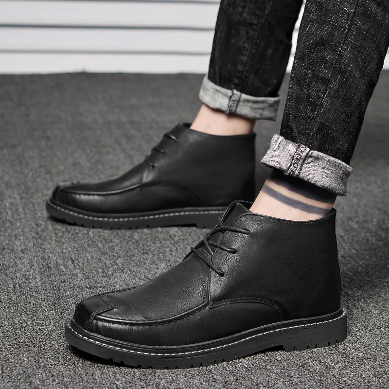 

Mens Water-Resistant Walking Martin Boots Leather Work Boots Anti-Slip Outdoor Man Hiking Boots Durable Causal Winter Warm Shoes