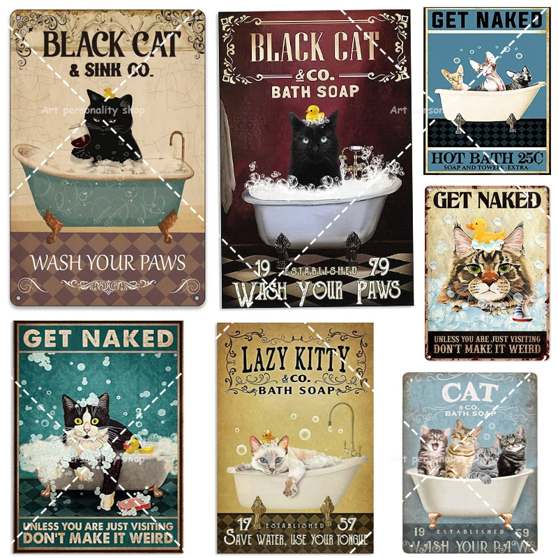 

Cat Art Black Cat & Sink Wash Your Paws Metal Tin Sign Funny Bathroom Quote Vintage Office Bar Cafe Wall Decor Art 8"x12"inch