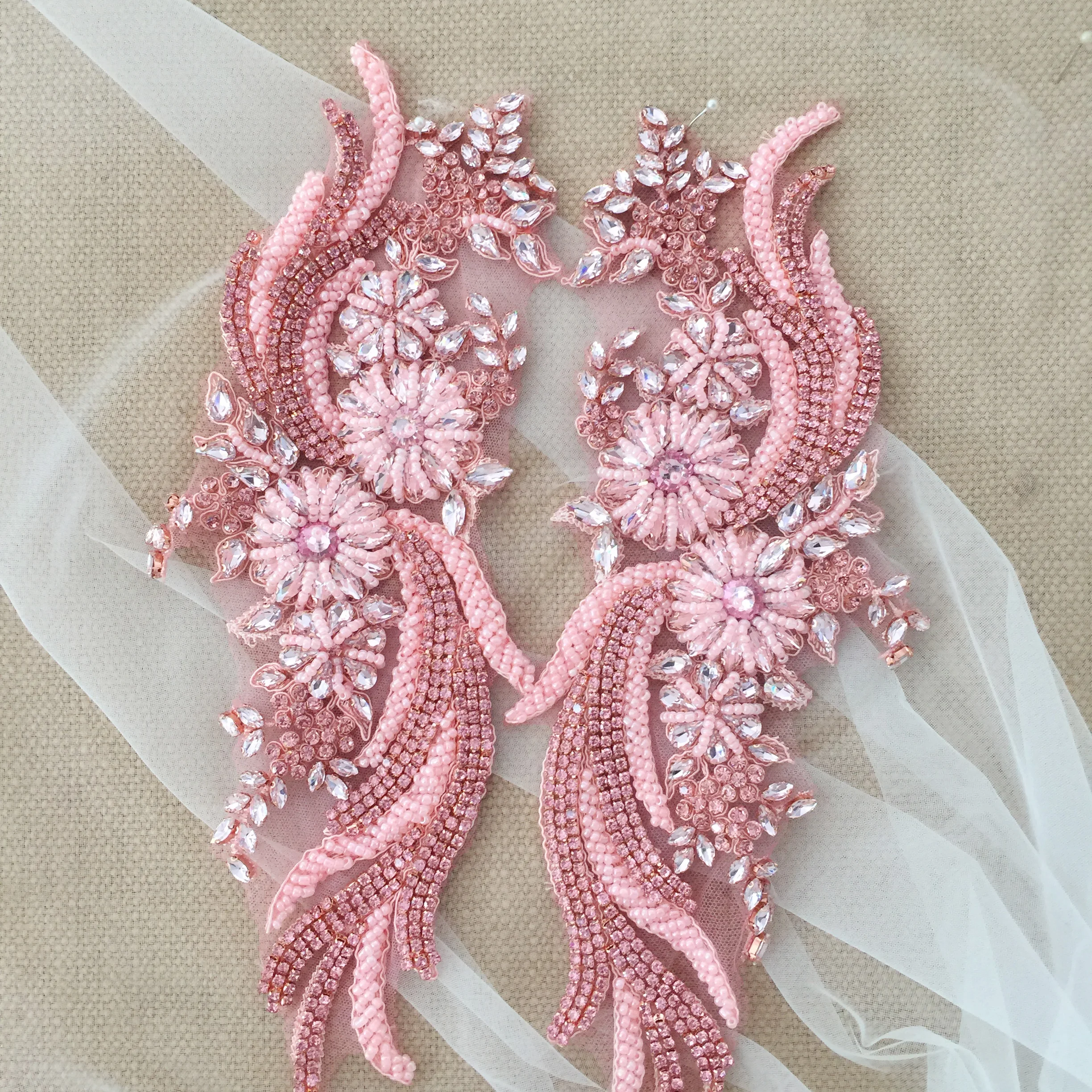 

1 Pair Pink Phoenix AB Rhinestone Beaded Applique Crystal Bridal Gown Bodice Cape Couture Crystal Applique