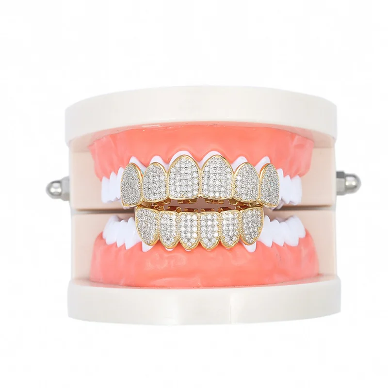 Коронки для зубов в стиле хип-хоп с фианитами верхние и нижние решетки панк