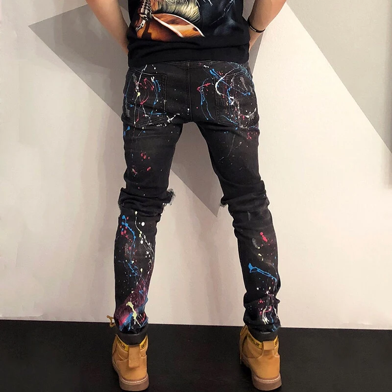 Erkek Jean Pantolon 2020 Spring And Summer New Hole Splash Ink Paint Slim Jeans Men's High Street Popular Homme | Мужская одежда