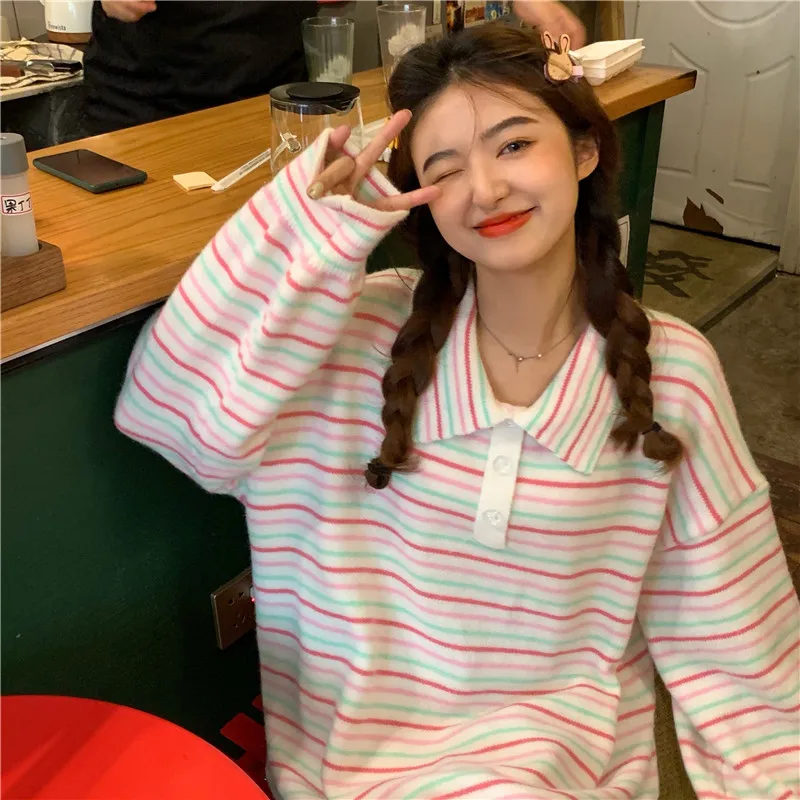 Полосатый свитер женские пуловеры Ulzzang Harajuku шикарный модный милый мягкий теплый