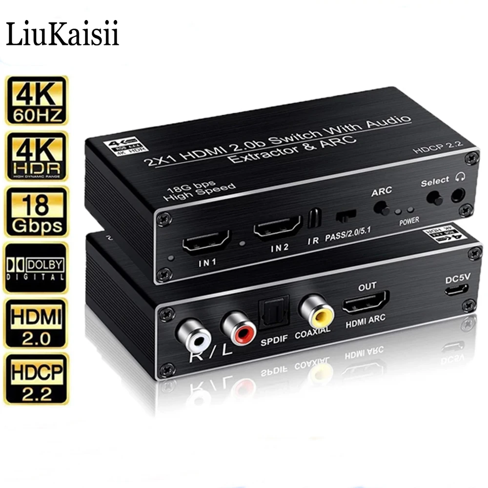 4K 60HZ Switch HDMI2.0 2 input 1 output Switcher R/L SPDIF Audio Separation Extractor&ARC HDCP2.2 for PS4 Xbox With IR Control