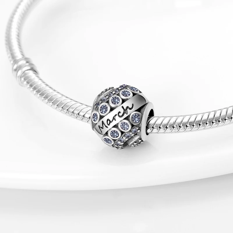

HOT SALE Trend 925 Sterling Silver March Birthstone Dangle Charm Beads Fit Original Pandora Bracelet Pendant Necklace Jewelry
