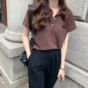 Шерстяное поло, свитер, женское вязаное поло с коротким рукавом, однотонные свитера с воротником поло