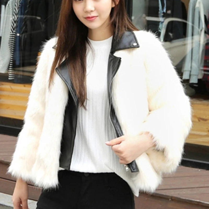 

Lucyever Top Fashion Luxury Fake Fox Fur Coats Womens Patchwork Faux Leather Casual Jackets Women Suit Collar Lazy Cloth Mujer