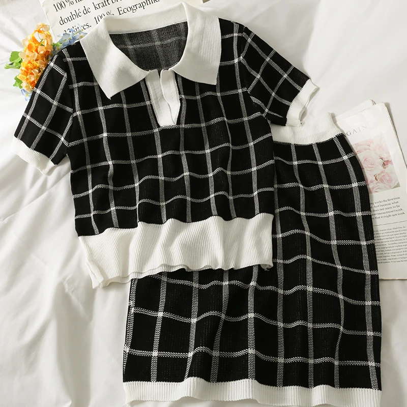 

Summer Women's Sets Elegant Two Pieces Suit Short Sleeve T Shirts and High Waist Mini Skirt Plaid Outfits Blouse Y2k Streetwear