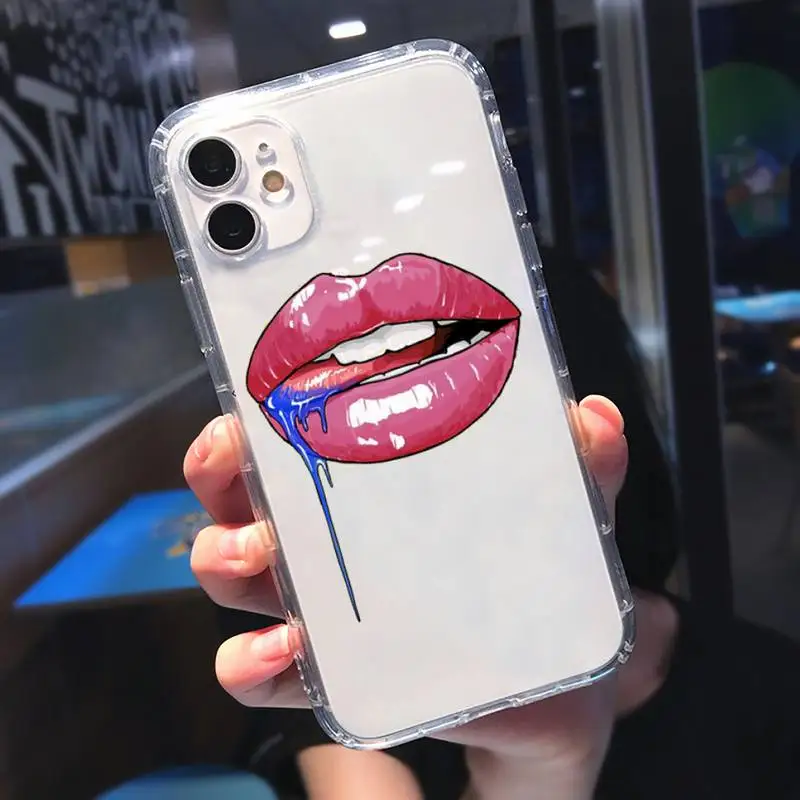 

Sexy lady make up Pink Red lips rolling Phone Case Transparent for iPhone 11 12 mini pro XS MAX 8 7 6 6S Plus X 5S SE 2020 XR