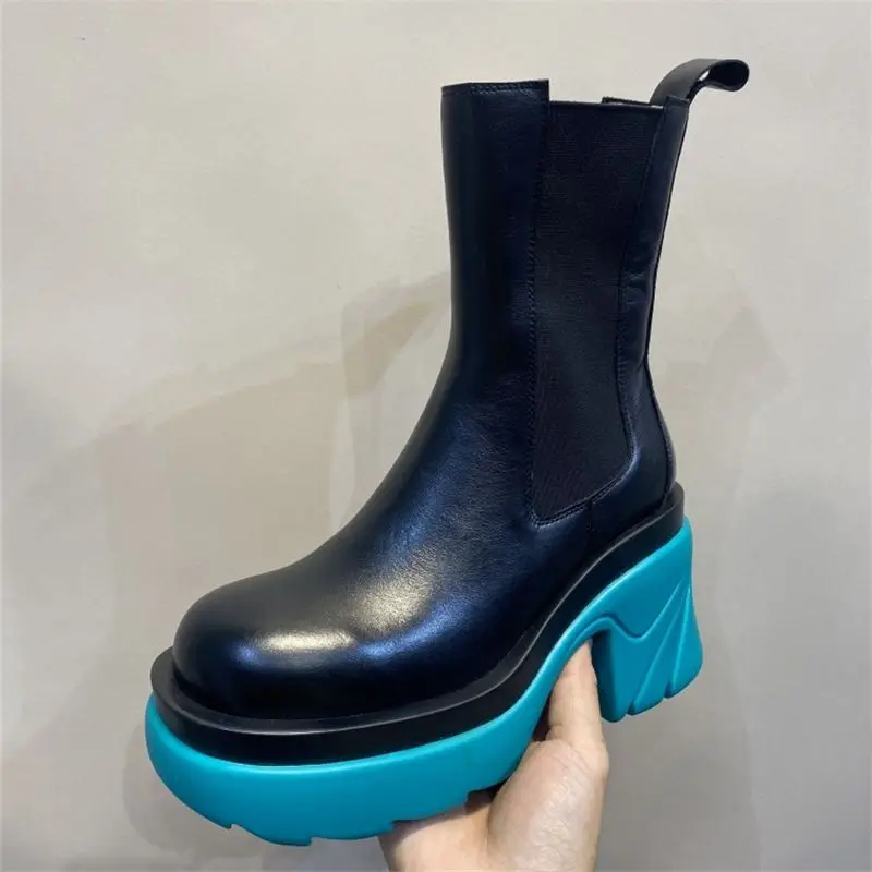 

Genuine Leather Shoe Flat Elastic Band Ankle Boots For Women Mixed Color Fashion Ladies Runway Shoes Platform Round Toe Non-Slip