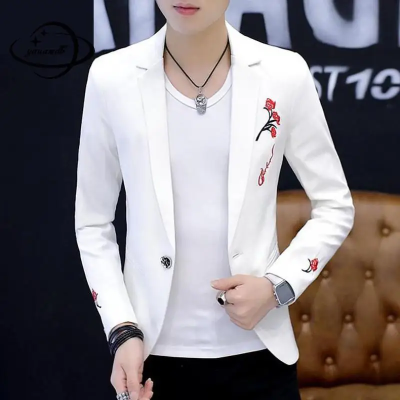 

M-3xl Men Blazer Spring Autumn Male Embroidery Suits Single Button Jacket Wedding Slim Coat Top Man Clothes Y80