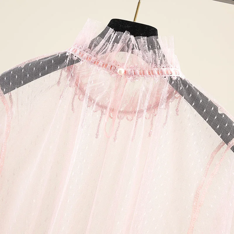 Розовая сетчатая рубашка для женщин 2019 темперамент Фея бисера кисточкой рог