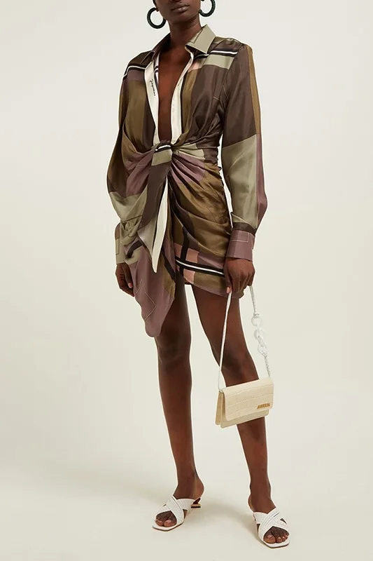 Printed Shirt Female Early Autumn New Geometric Color Block Personality Twisted Deep V Neck Shirt Dress