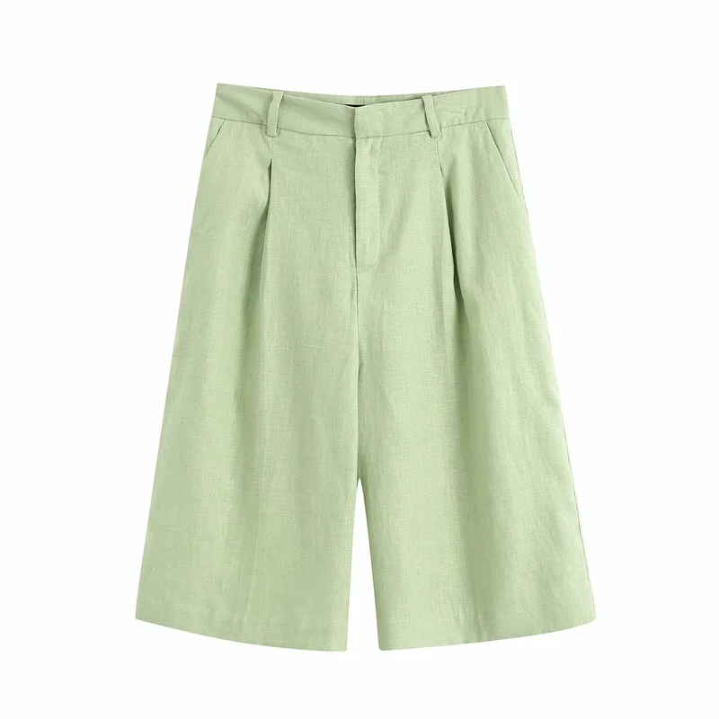 

Linen Casual Middle Pants 2021 Women Sweet Solid Colors High Waist Knee-Length Pants Girl All-Match Straight Suit Pants Summer