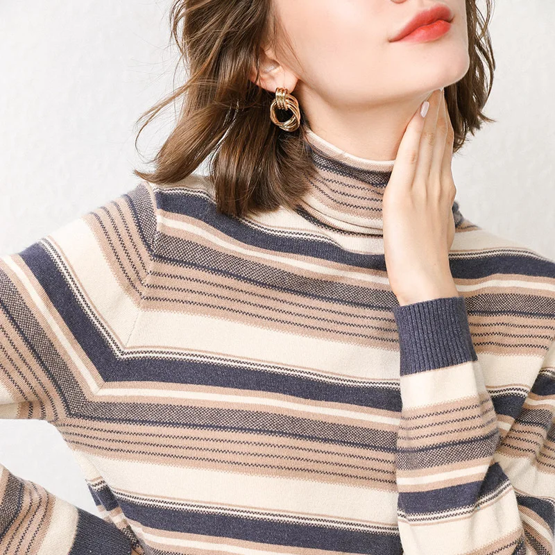 

Autumn Women's New Winter Cashmere Knitted Heap Collar Loose Pullover Striped Bottoming Sweater turtleneck