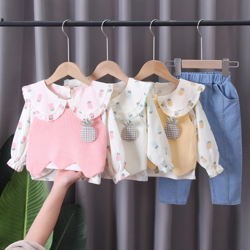 

Baby girls cute Knitted vest shirt jeans 3pcs/set children printed clothes kids Spring and Autumn suits